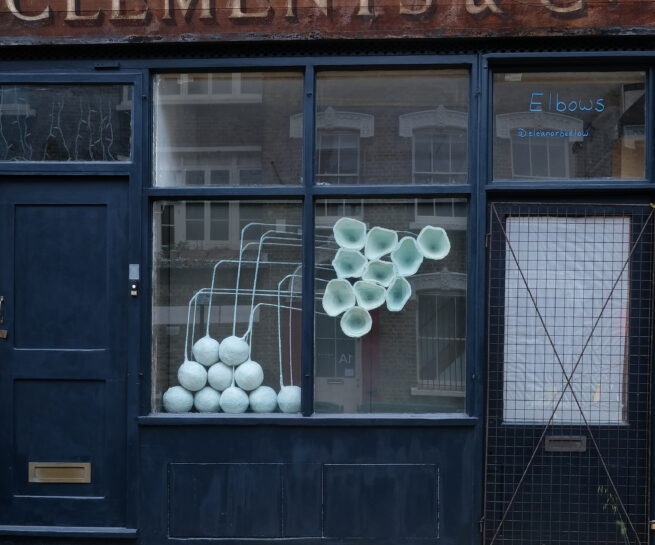 Eleanor Bedlow Sculpture at Clements and Co. Elbows, paper pulps, acrylic, dye, plaster, metal, 160 x 120 x 23cm, 2025