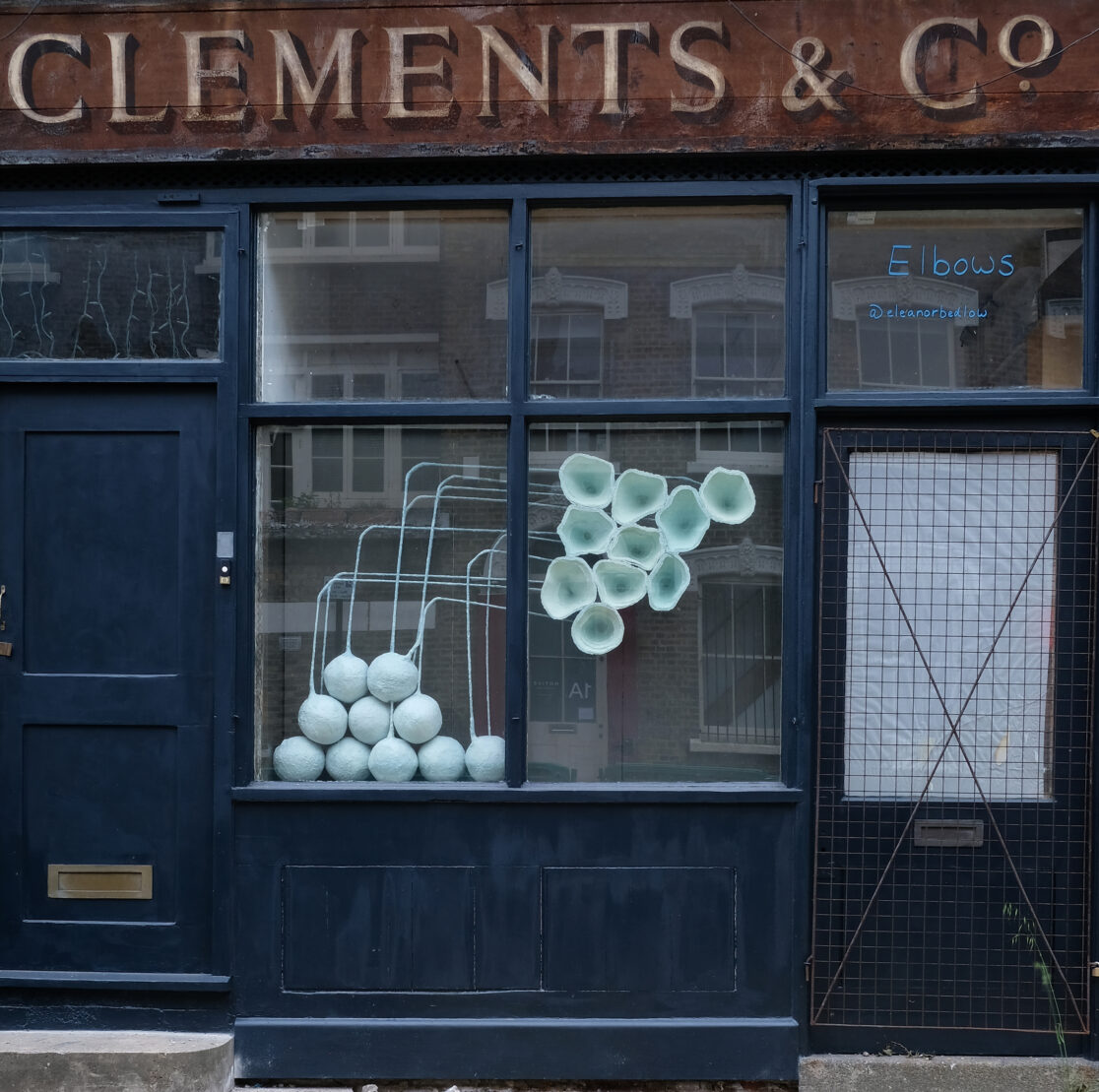 Eleanor Bedlow Sculpture at Clements and Co. Elbows, paper pulps, acrylic, dye, plaster, metal, 160 x 120 x 23cm, 2025