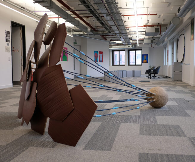 Eleanor Bedlow, Conscious of the Connections, cardboard, cardboard pulp, bamboo, acrylic, plaster, 185 x 250 x 176cm