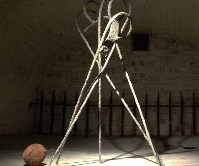 Eleanor Bedlow, Over and, Bamboo, wire, card, paper, plaster, Iron filings,102 x 55 x 25cm